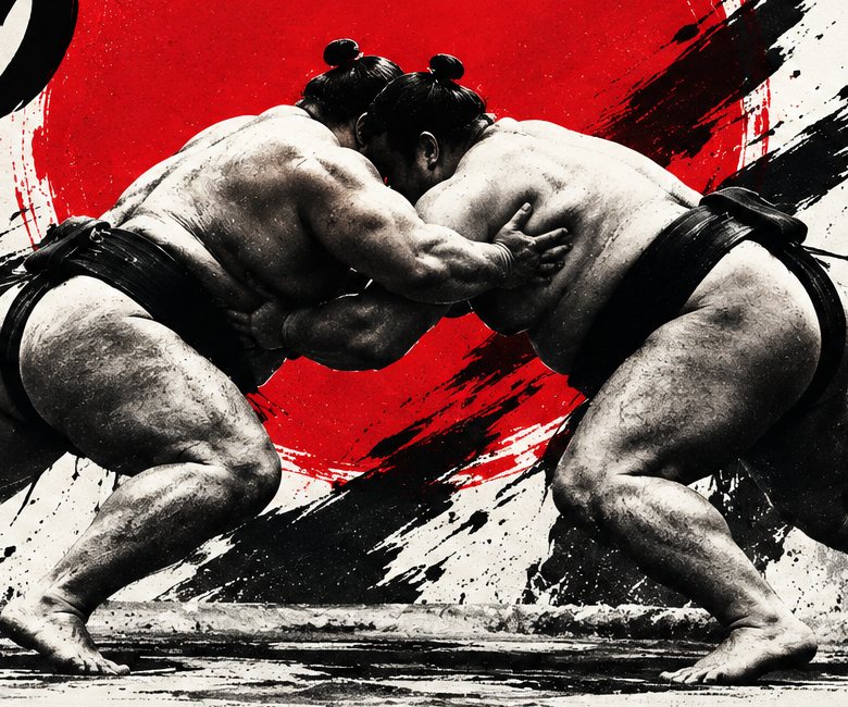 Ink illustration of two rikishi locked in a clinch in front of a red sun