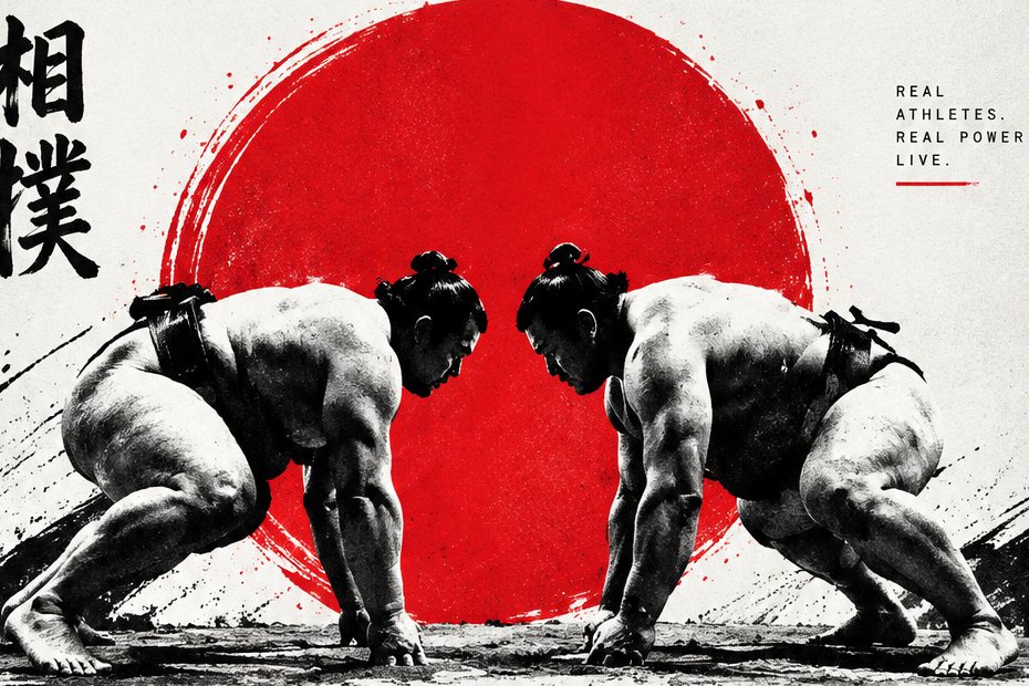 Two rikishi face off in a standing start before a red sun